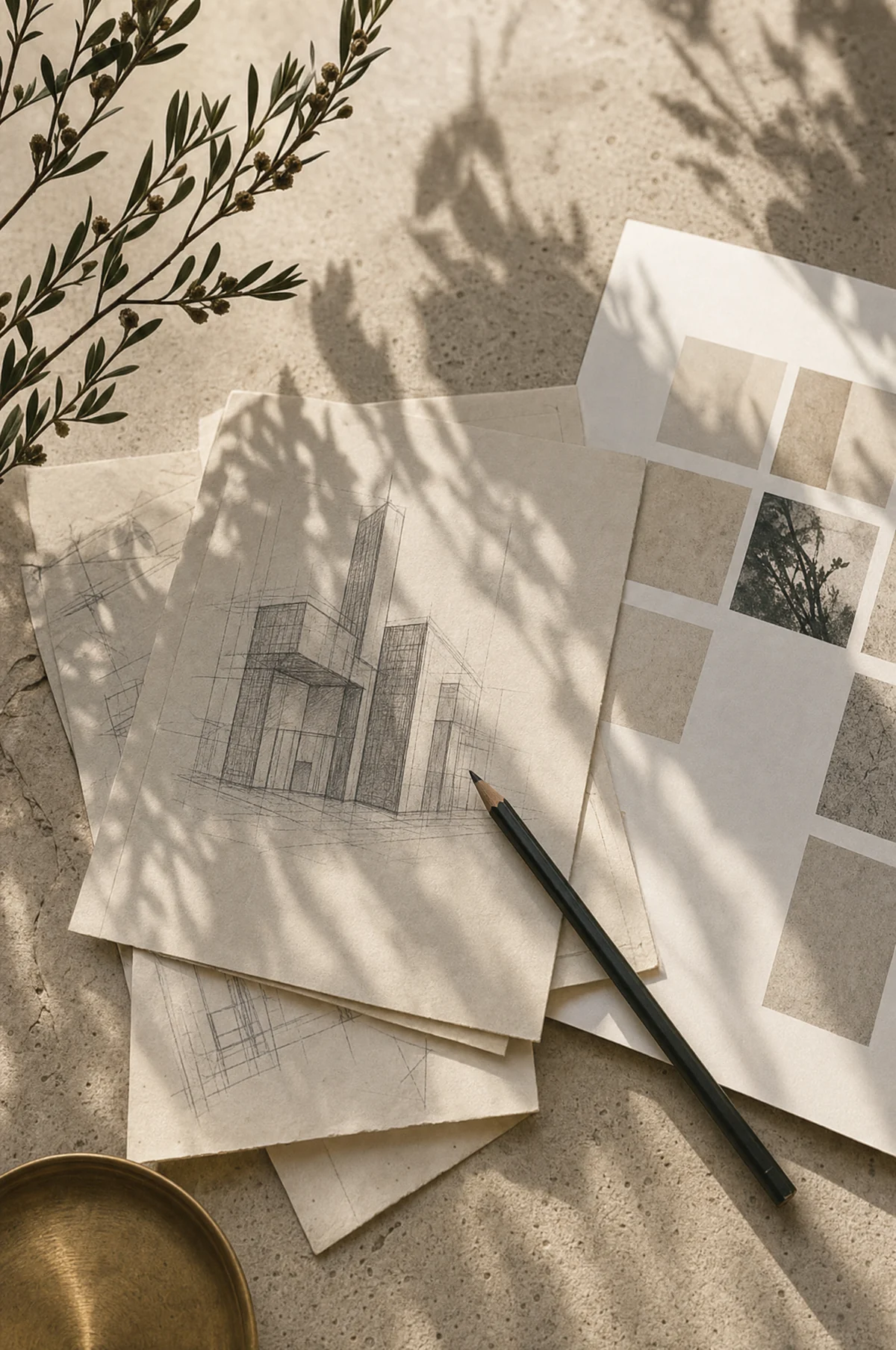 Architectural sketches and printed proofs on warm stone with a dark pencil across them, under fynbos shadow
