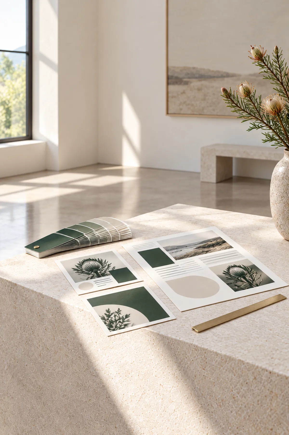 Printed design proofs in bone and deep green with a swatch fan and a brass ruler on a pale stone plinth