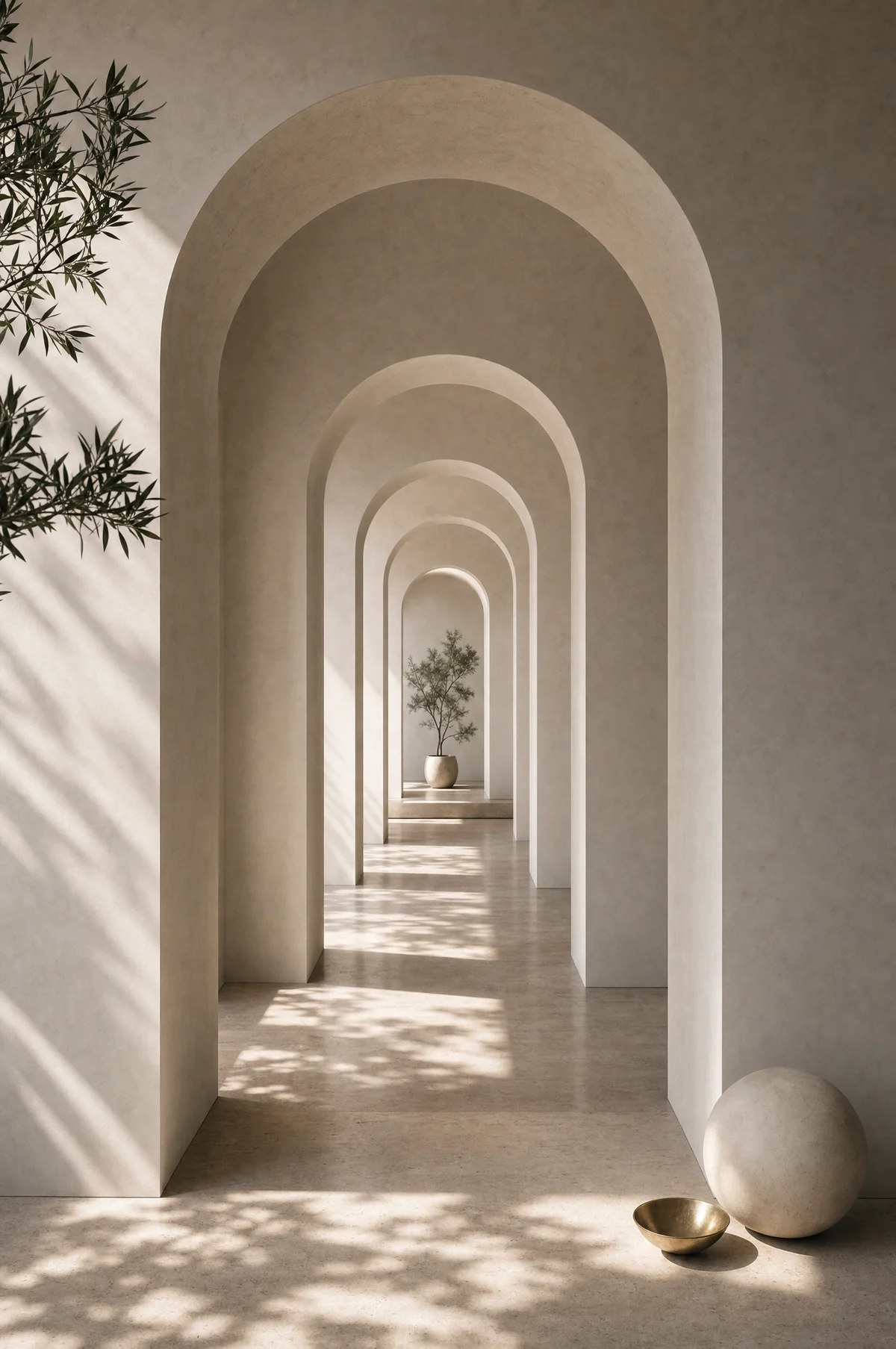 A plaster passage of successive arched openings receding into the distance, botanical shadows across the floor