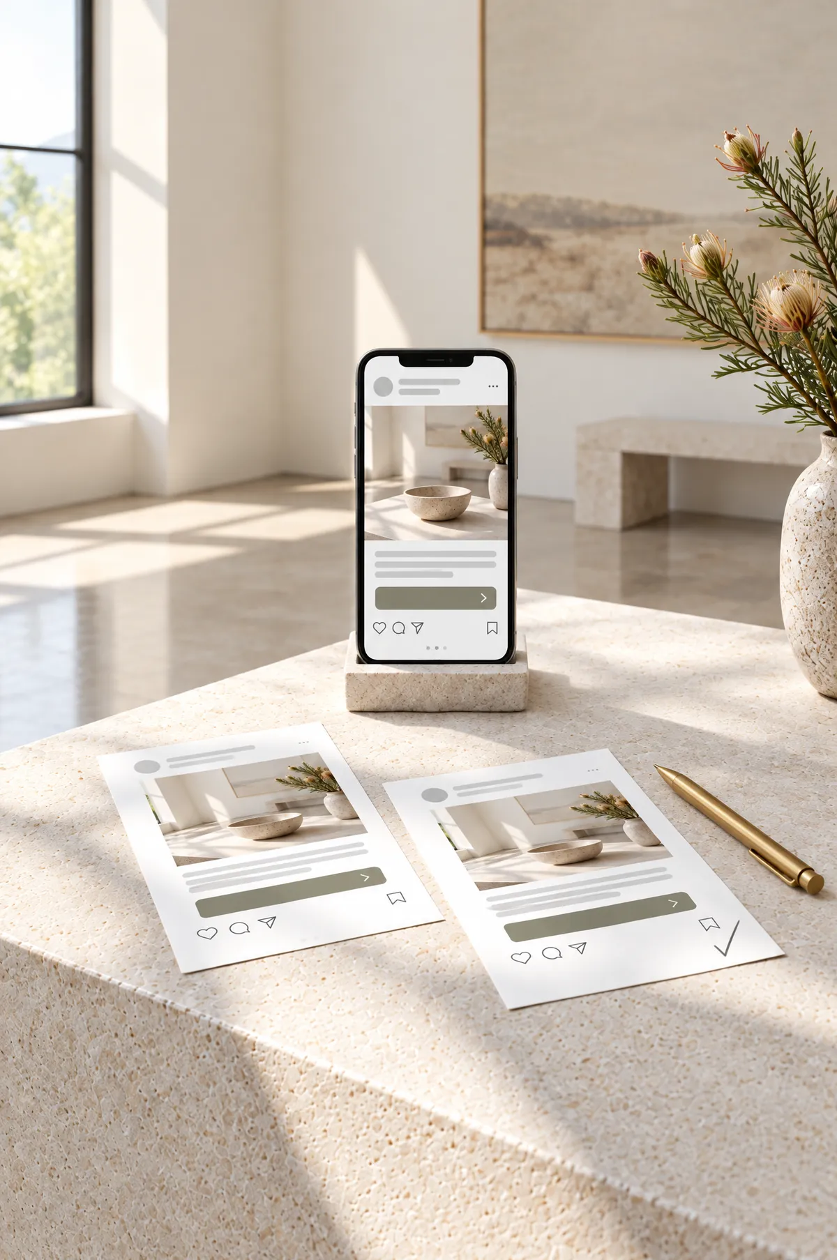 A phone on a stone stand showing a social advert, two printed versions beside it with one ticked