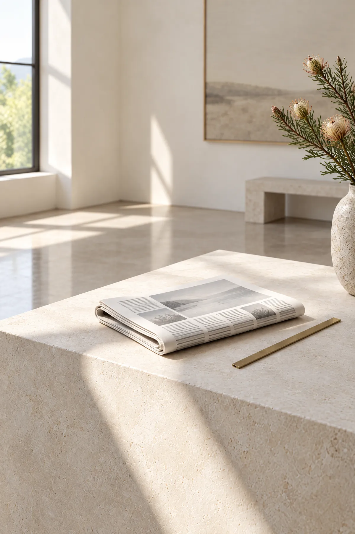 A folded newspaper on a pale stone plinth in a shaft of daylight, a brass rule beside it, fynbos in a vase