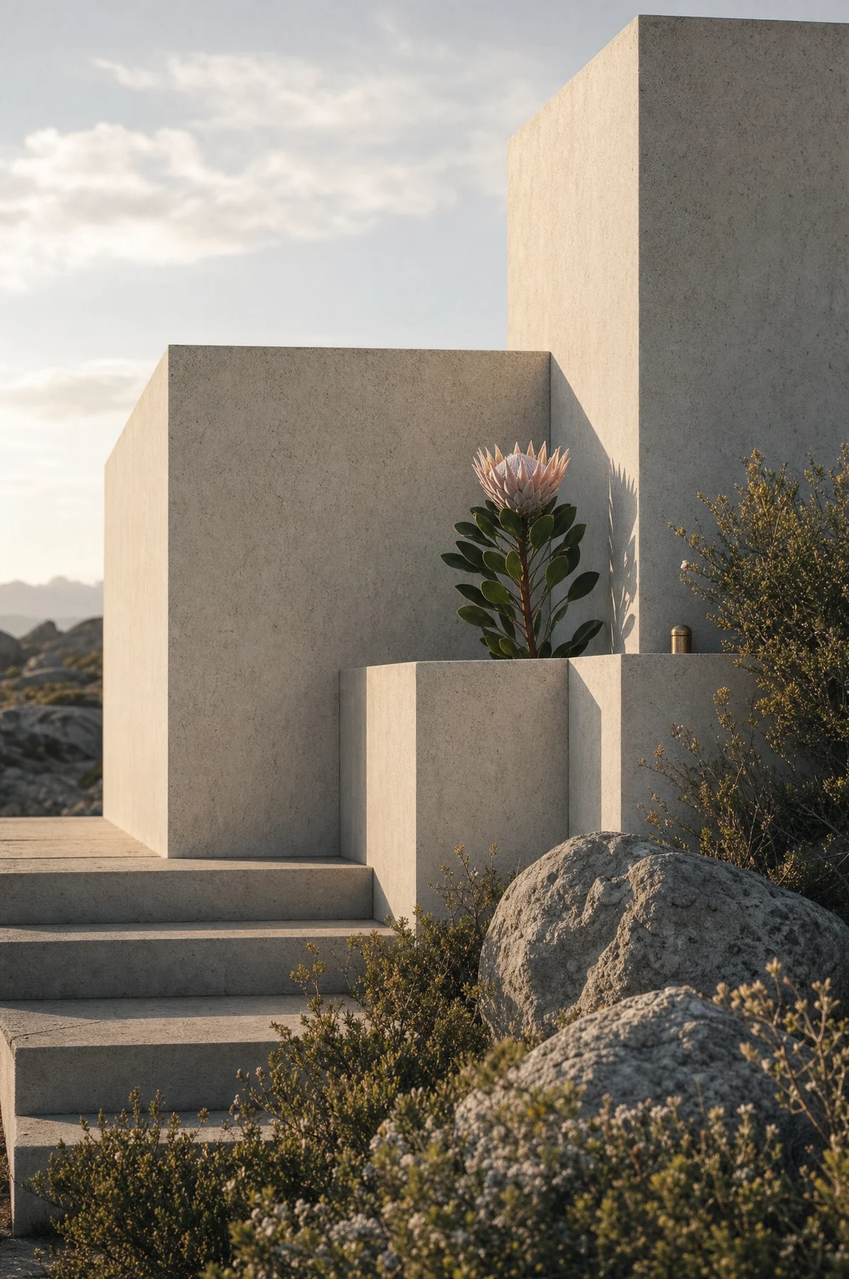 Modular concrete volumes stepping upward against open sky, with a king protea growing between two forms