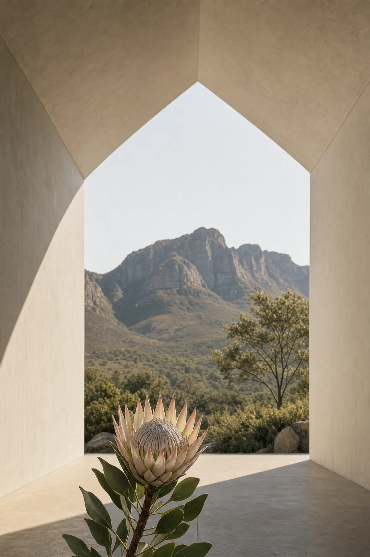 A pale concrete passage framing distant Cape mountains, with a single protea standing at its mouth