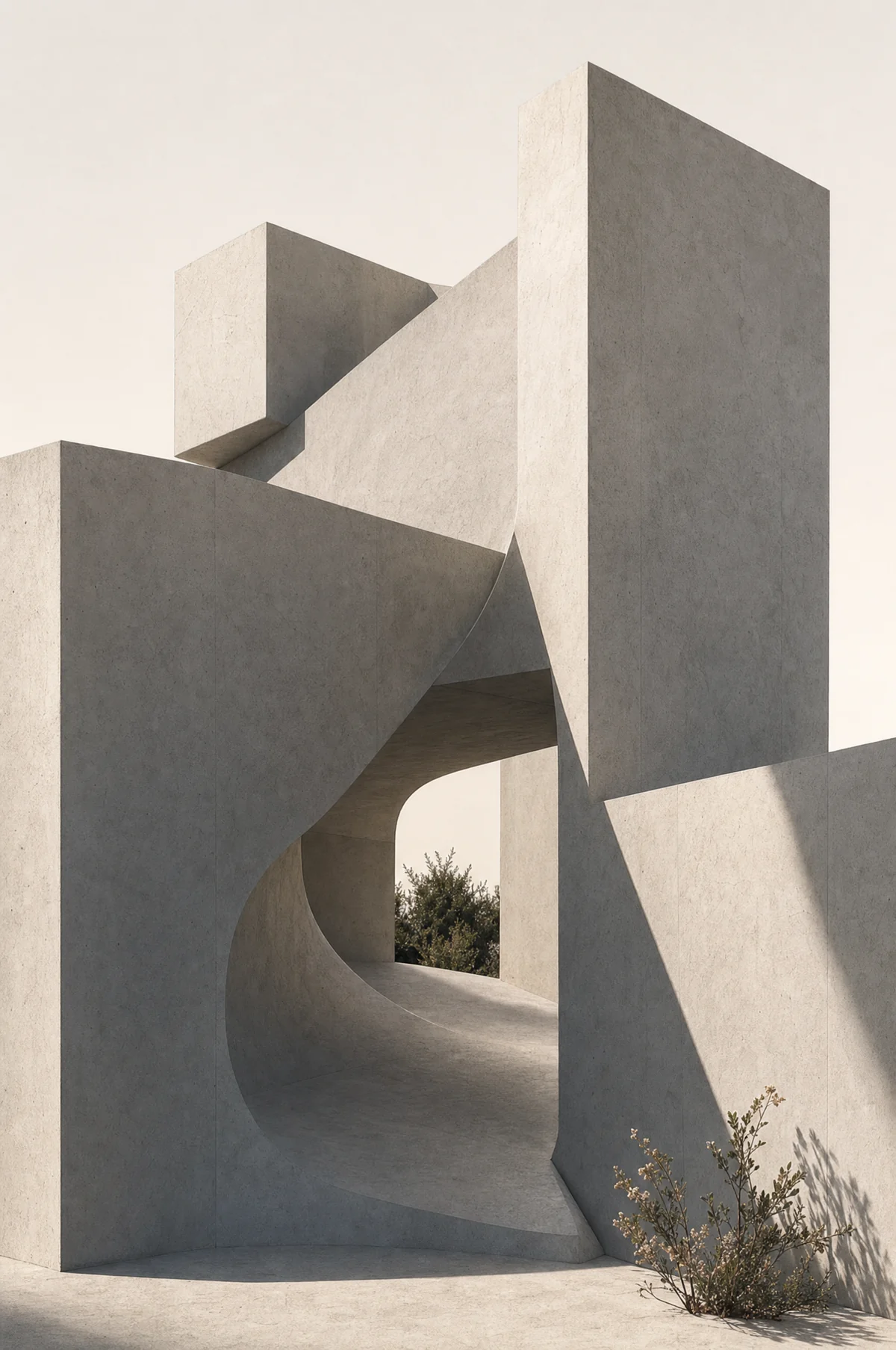 Intersecting pale concrete planes with one clean route cut through the structure, fynbos at the base