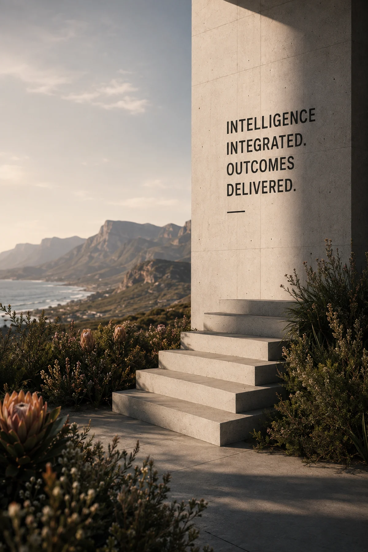 A pale concrete monolith above the Cape coastline, its steps rising through protea and fynbos