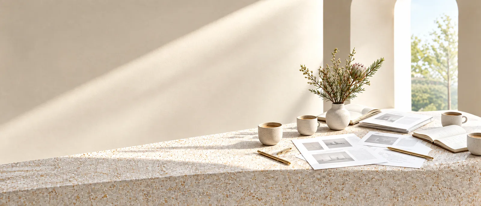 Shared printed pages, open notebooks and several coffee cups on a long pale stone table in daylight