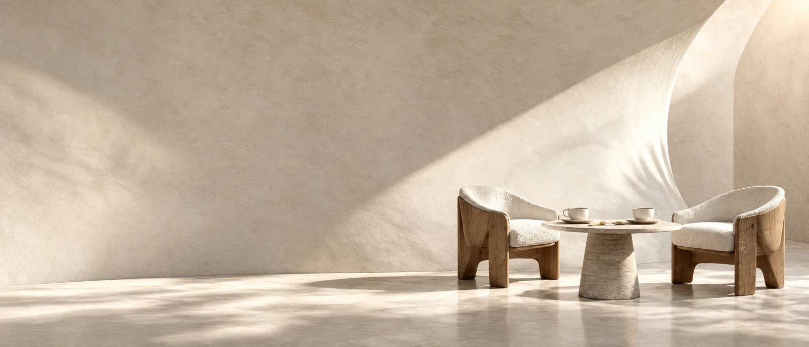 Two chairs facing each other across a small stone table with two cups of coffee, in warm daylight
