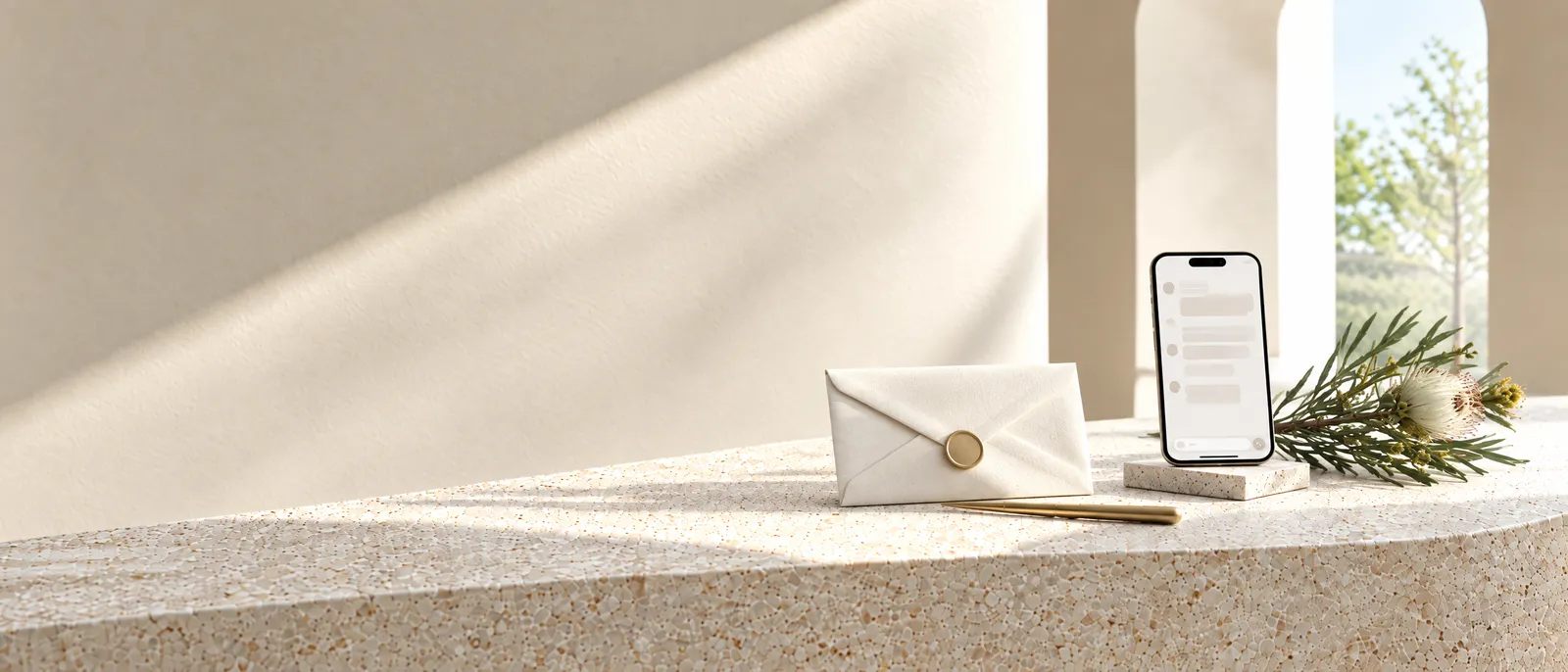A sealed envelope and brass letter opener beside a phone showing a message thread, on a pale stone ledge