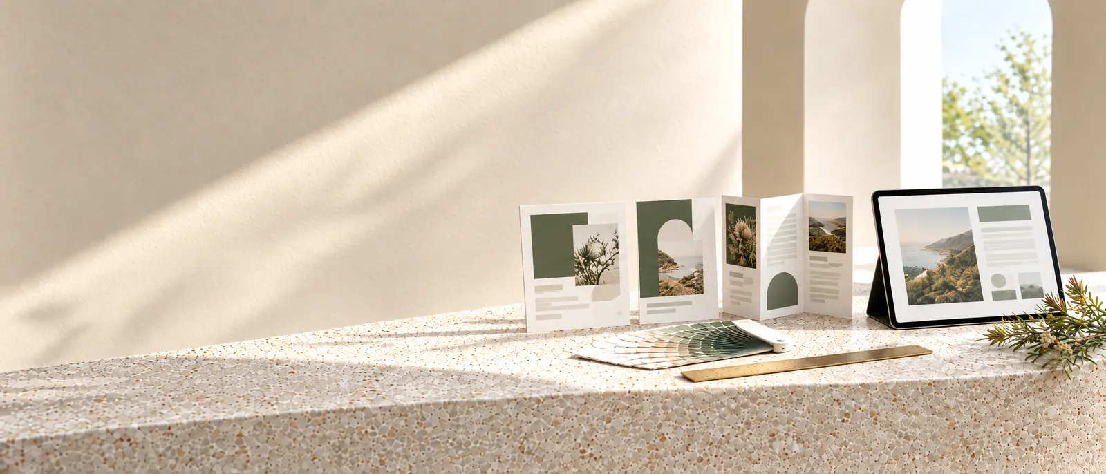 Printed design proofs, a swatch fan and a tablet showing a page design on a pale stone ledge in daylight