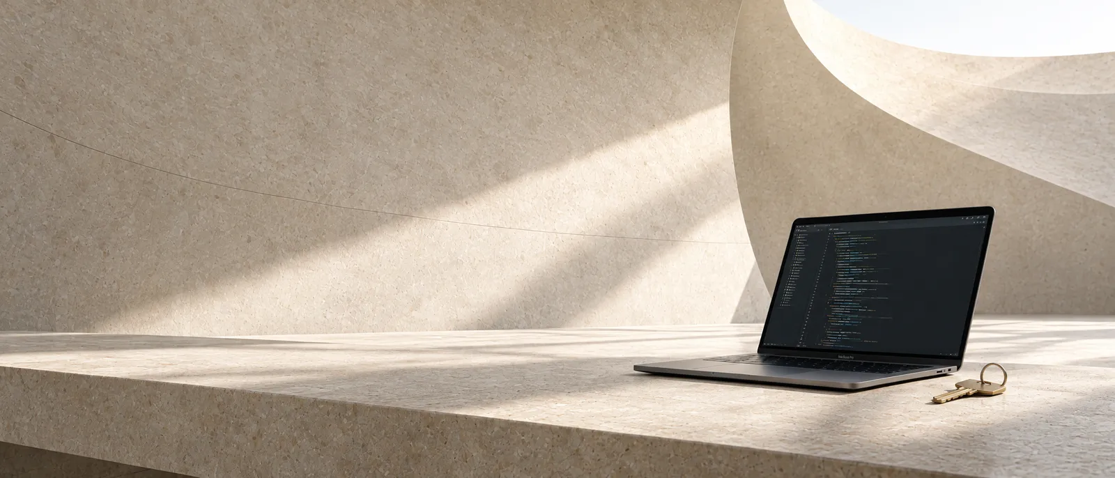 An open laptop showing code on a long stone bench, a brass key on a ring beside it, in warm daylight