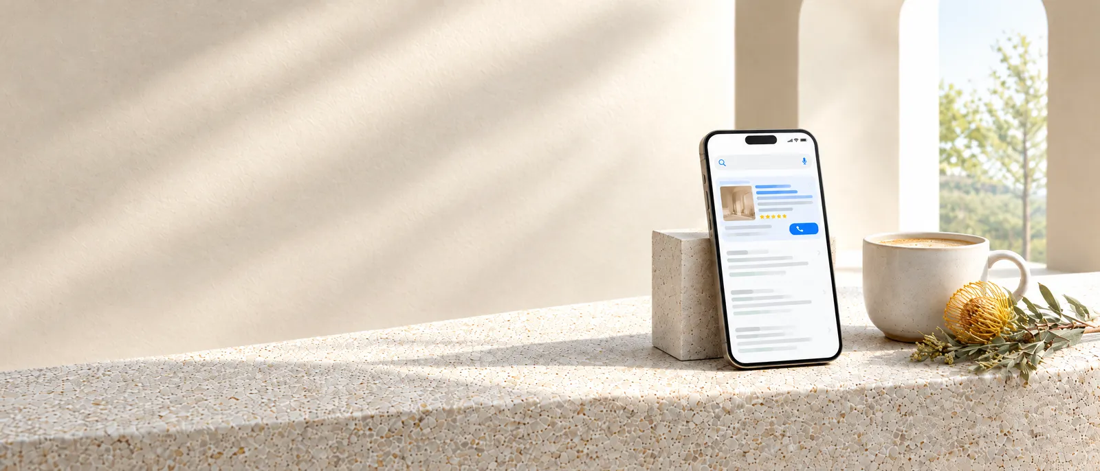 A phone propped on stone showing search results with the top business highlighted and a call button, coffee and fynbos