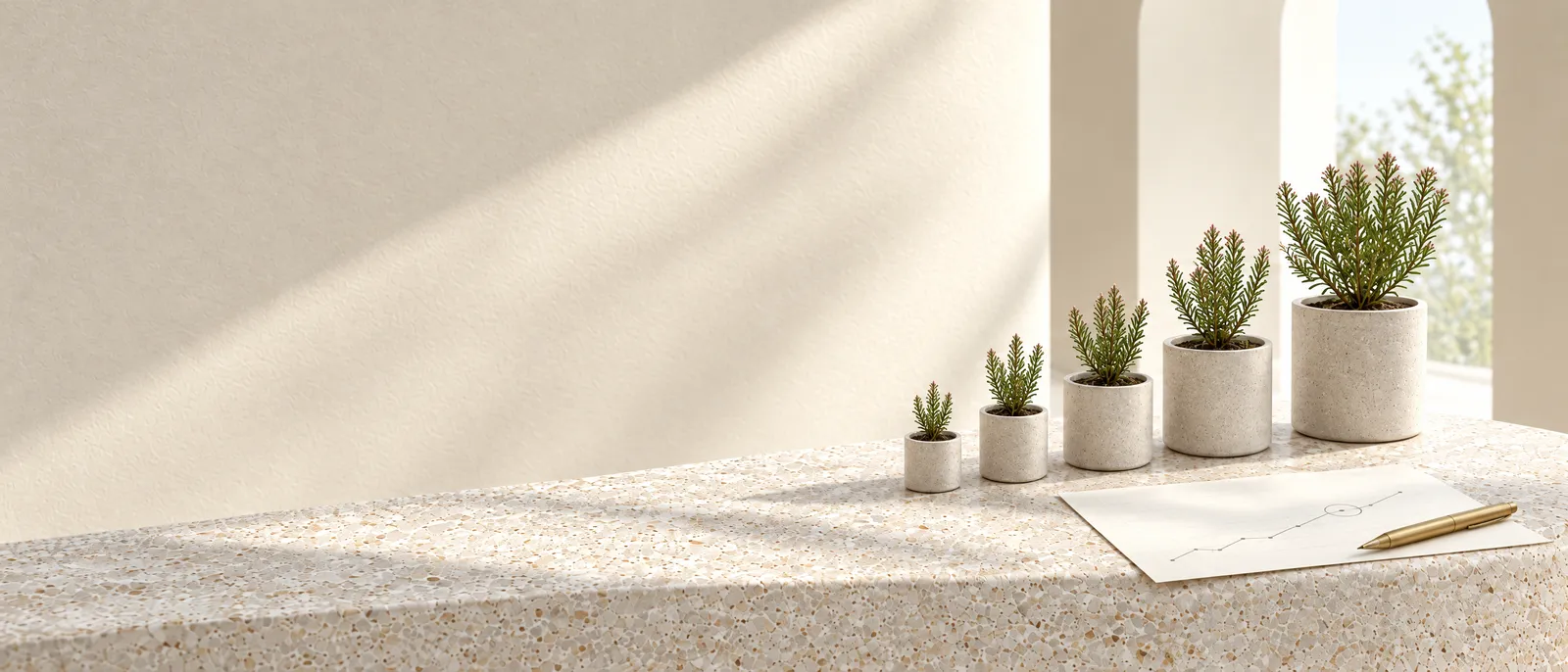 Fynbos in stone pots rising in size along a pale sill, beside a printed report with one point circled