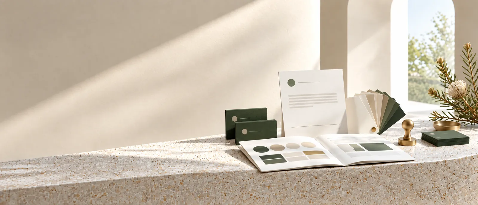 A brand identity laid out on pale stone: green business cards, letterhead, guidelines book, swatch fan and brass stamp