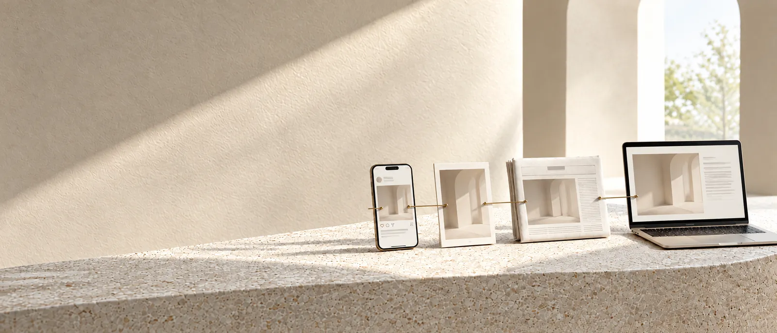 A phone, an advert card, a newspaper page and a laptop in a line on pale stone, joined by one brass thread