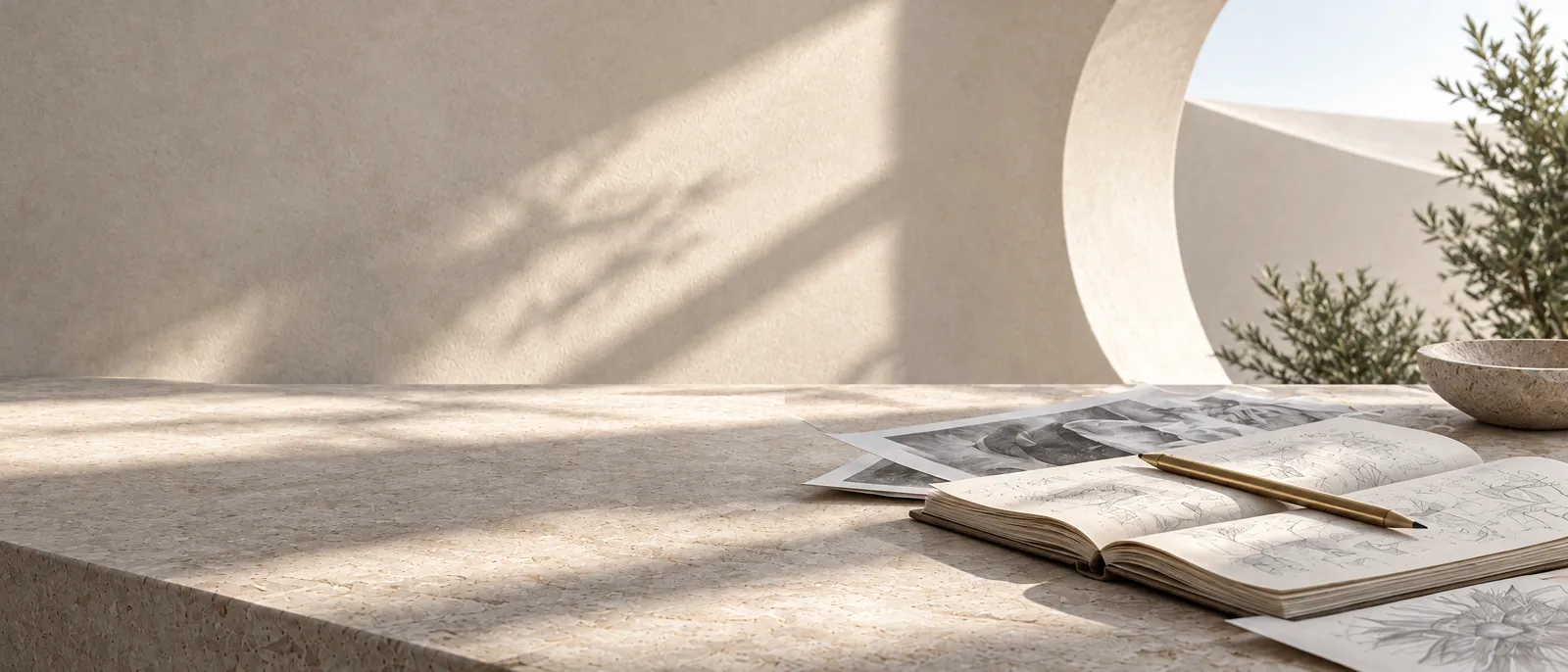 An open notebook and printed pages covered in pencil notes on a stone desk, a brass pencil across them