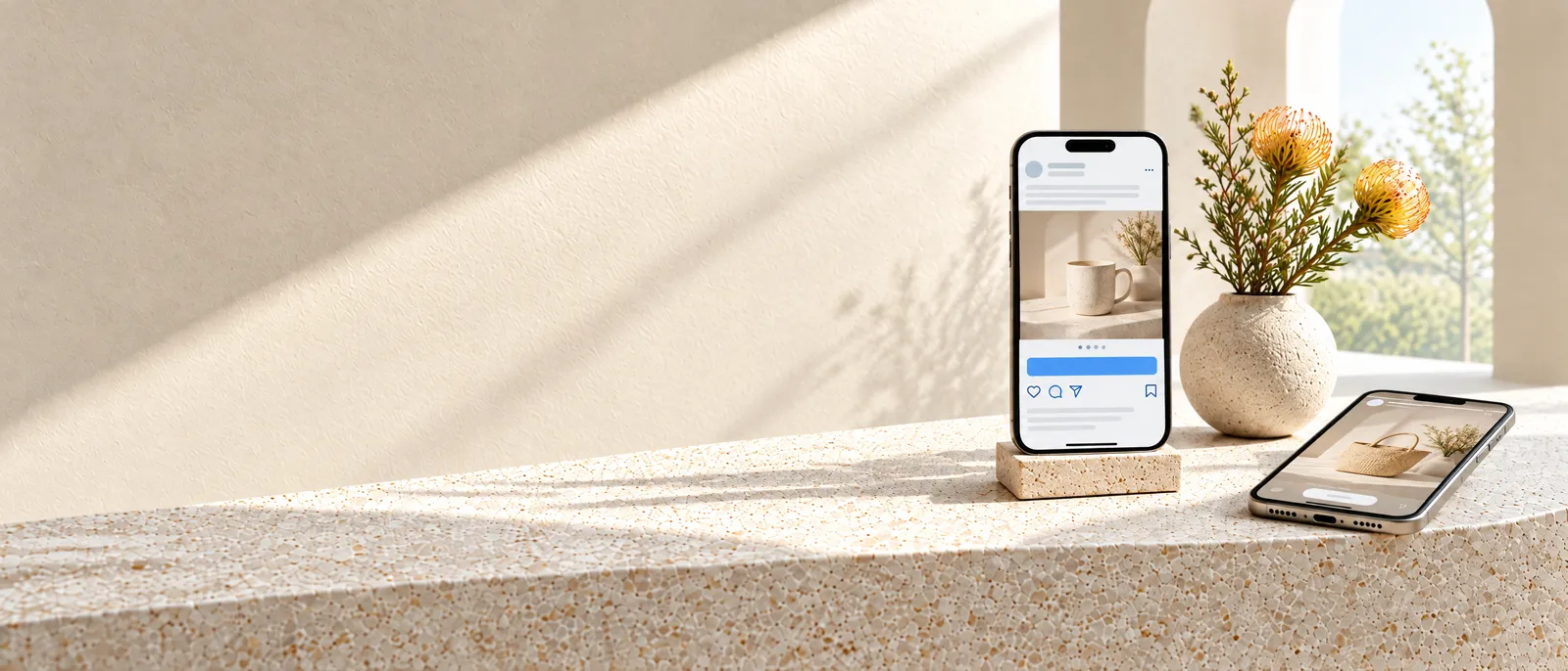 A phone on a stone stand showing a sponsored product advert in a social feed, a second phone and fynbos in a vase