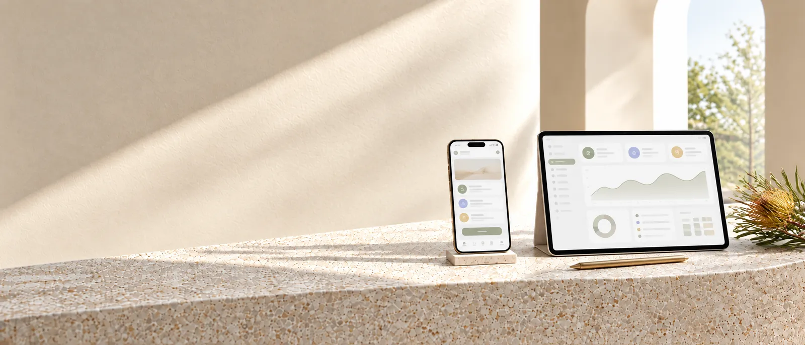 A phone on a stone stand showing an app and a tablet showing the same app dashboard, on a pale stone ledge in daylight