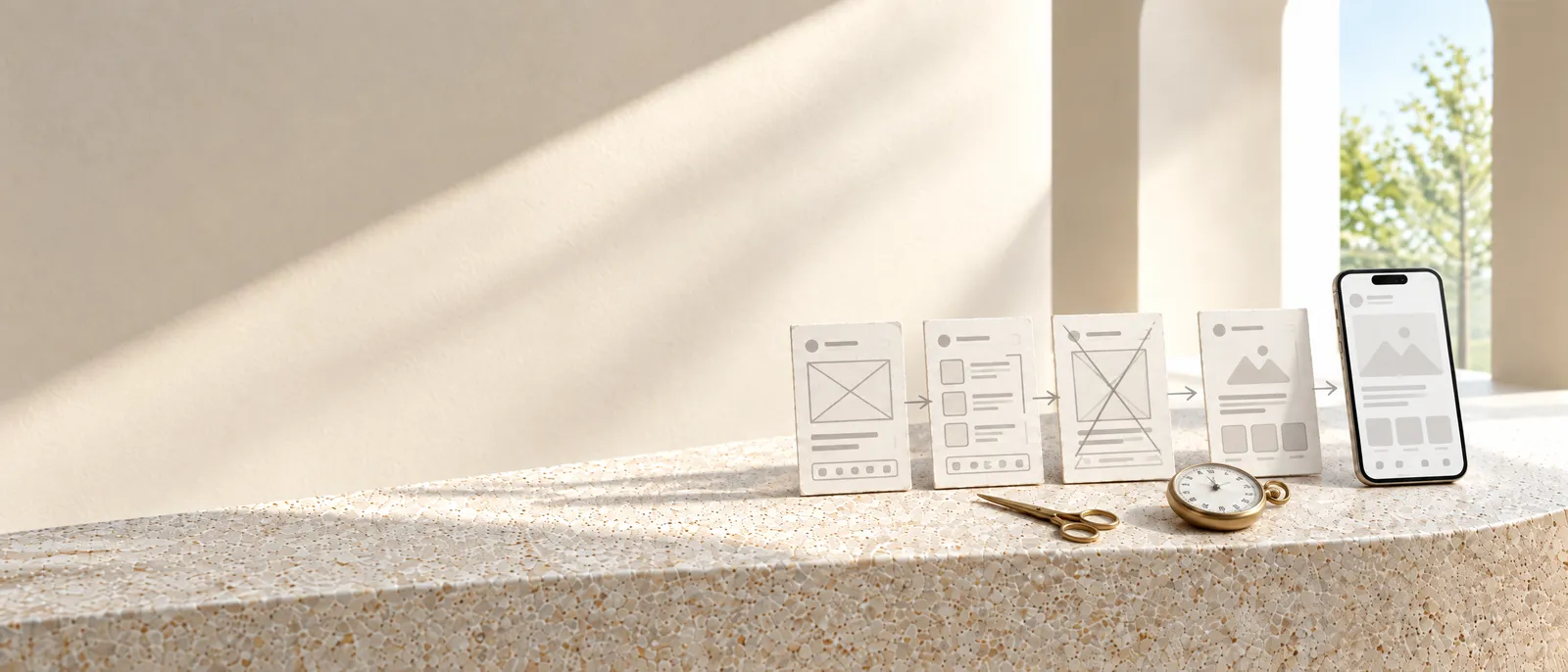 Paper app screens laid out in sequence beside a phone showing the clickable prototype, scissors and a brass stopwatch