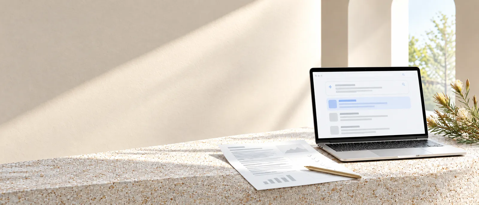 A laptop showing search results with the top listing highlighted and a ticked website audit sheet, on pale stone in daylight
