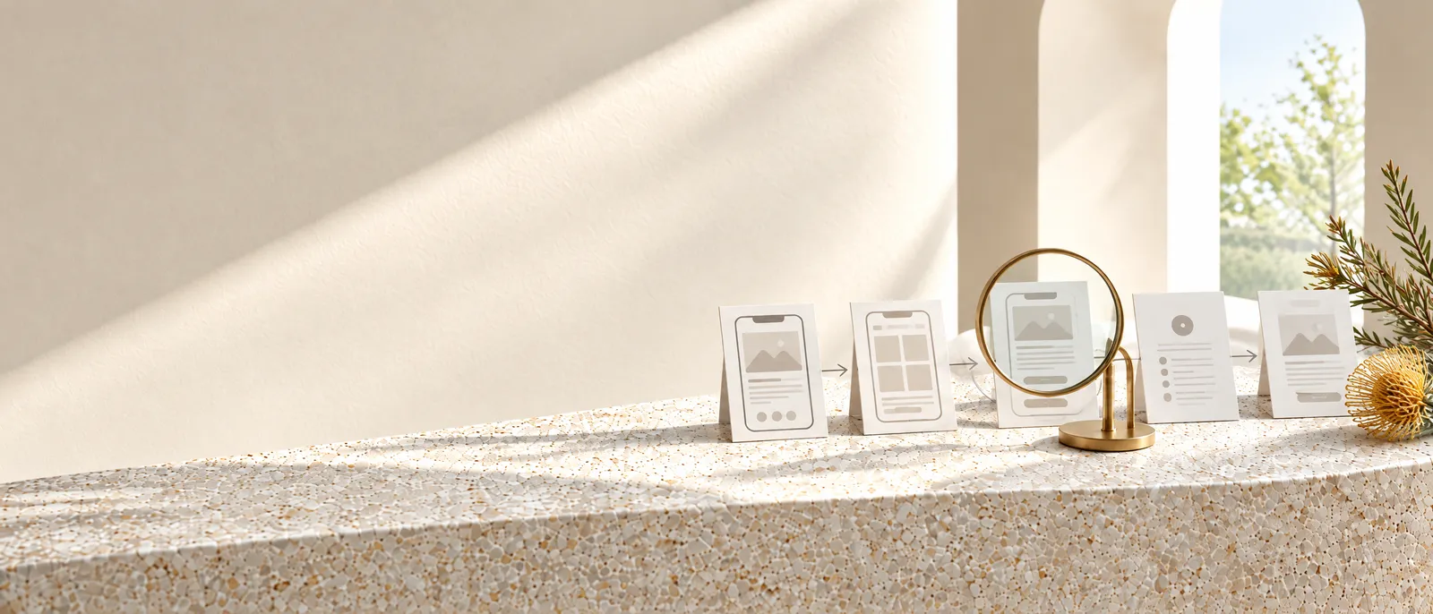 A brass magnifier on a stand over a row of printed phone screens of one customer journey, on pale stone