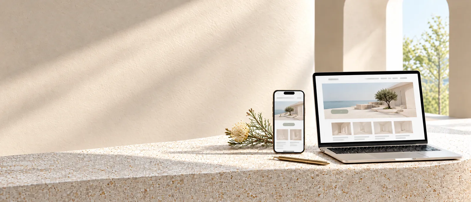 An open laptop and a phone showing the same finished website on a pale stone ledge in daylight, a sprig of fynbos beside them