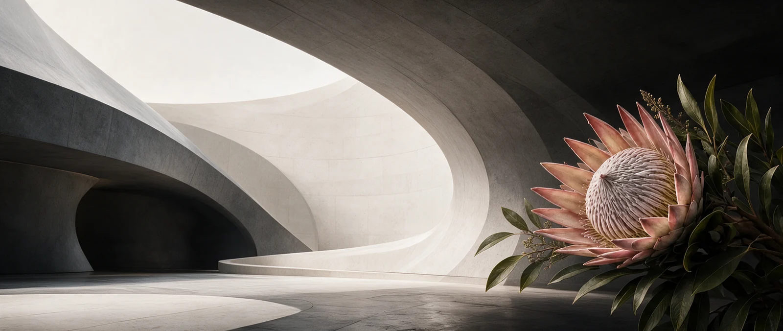 A vast curved concrete interior opening to a luminous chamber, with a king protea standing in the foreground