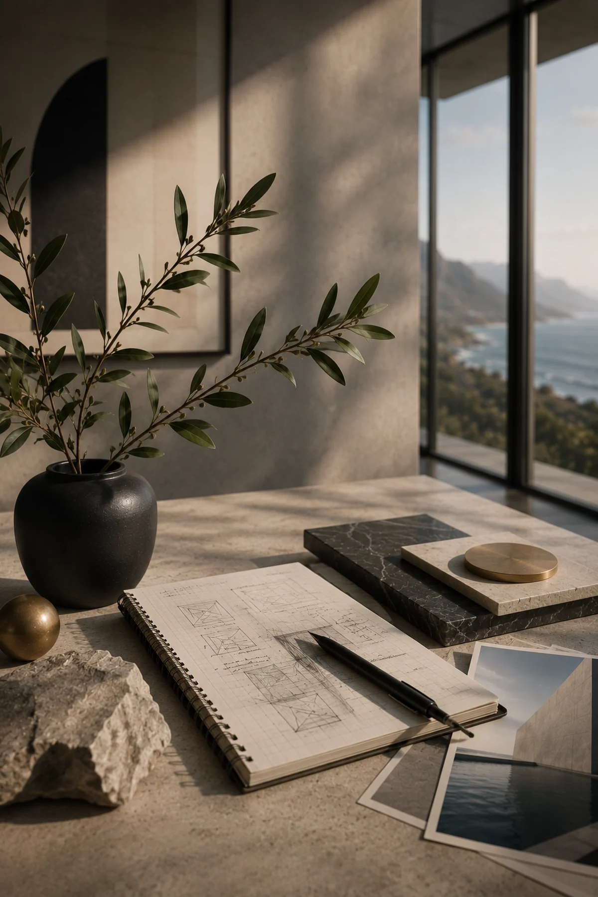 A studio desk with a technical sketchbook, stone and brass samples and an olive branch, the Cape coastline beyond