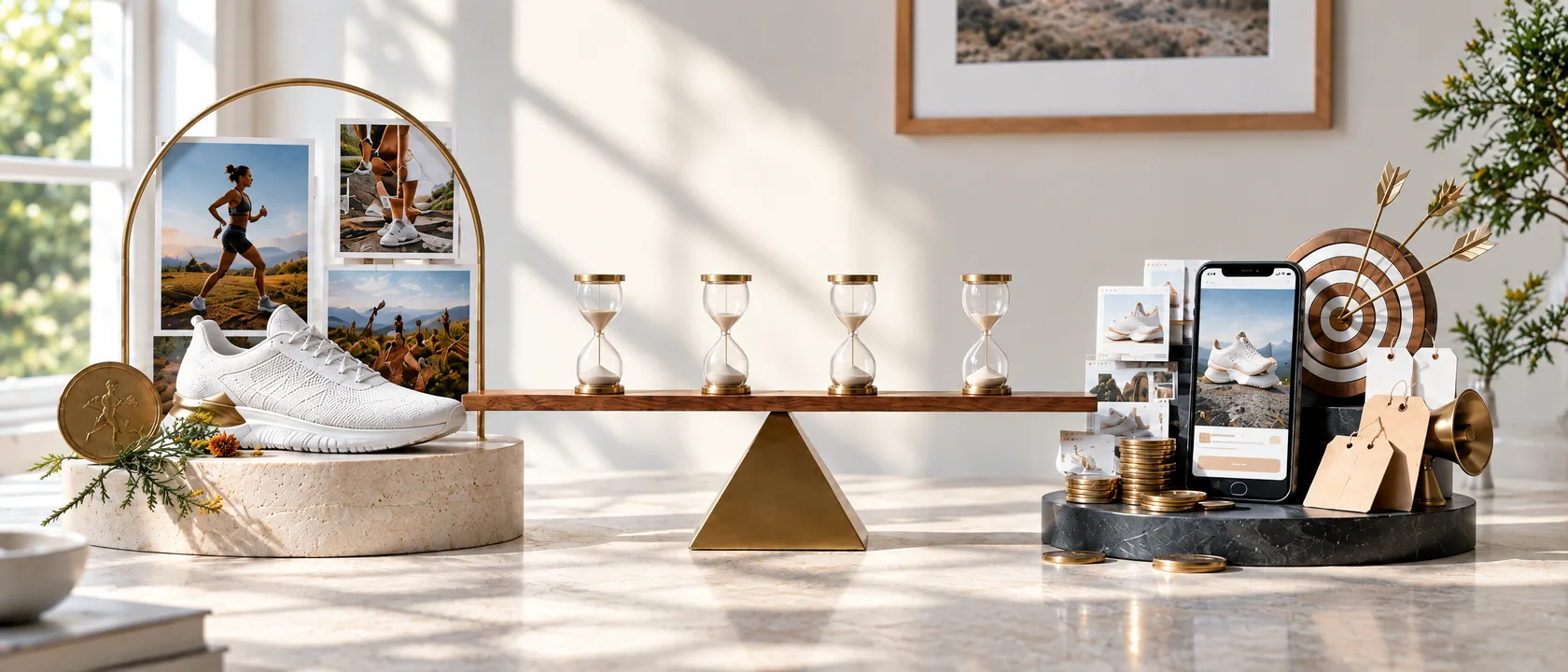 A white running shoe on a stone plinth balanced against a phone advert, coins and a target, hourglasses along the beam