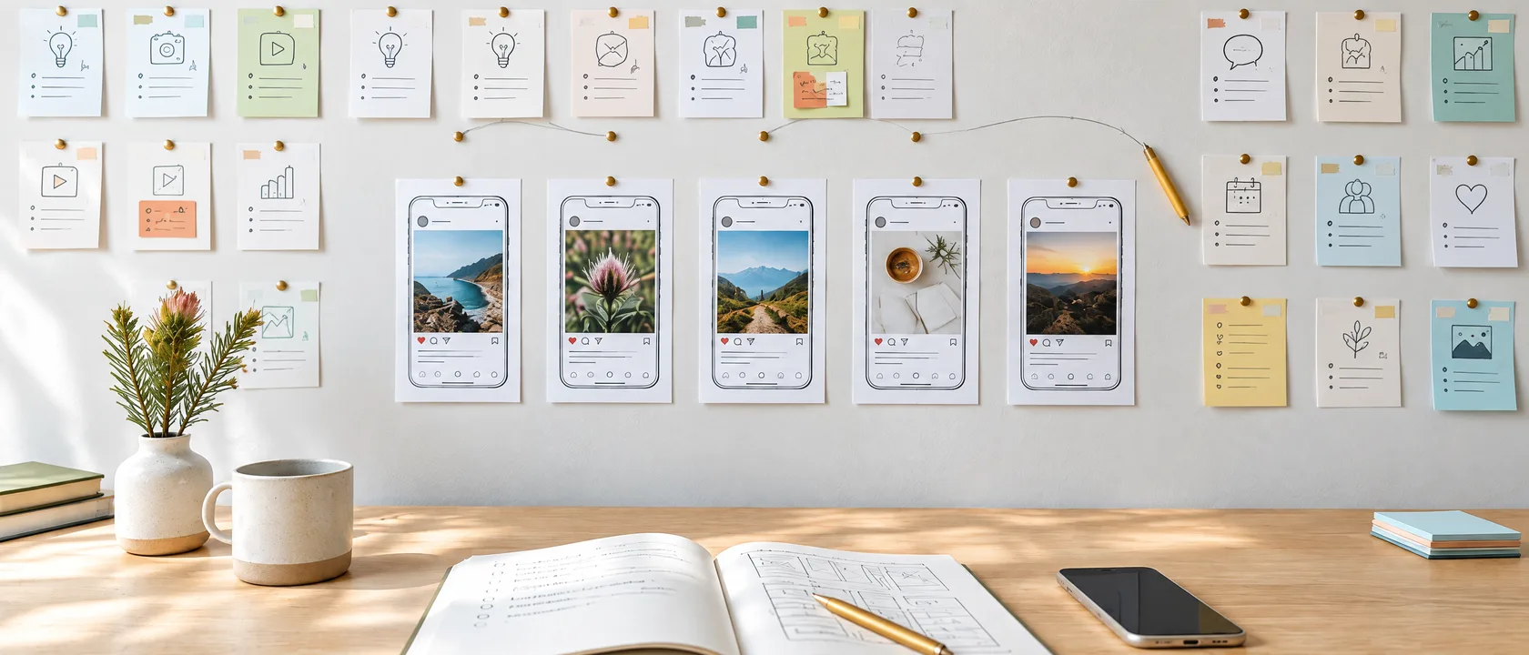 A pale studio wall of pinned idea cards and five printed post mock-ups above a desk with a notebook, phone and fynbos