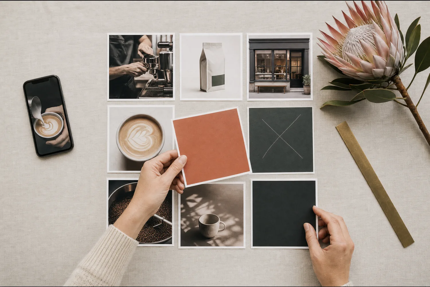 Hands rearranging nine printed social media posts on a linen table, one crossed out, a phone beside them