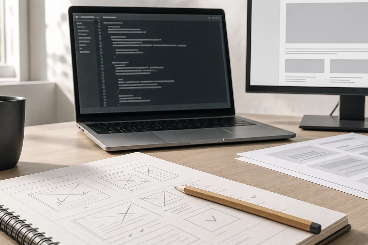 A paper wireframe with pencil ticks in front of a laptop showing code and a second screen showing the finished page