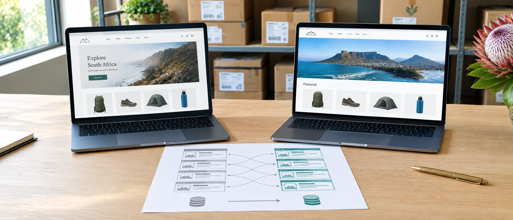 Two laptops showing an old and a new store page, a printed redirect map between them, parcels on shelves behind