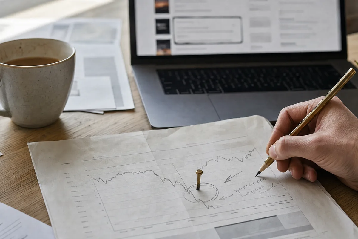 A hand writing a fix beside a ranking chart with one dip circled and a brass pin in it, a laptop behind