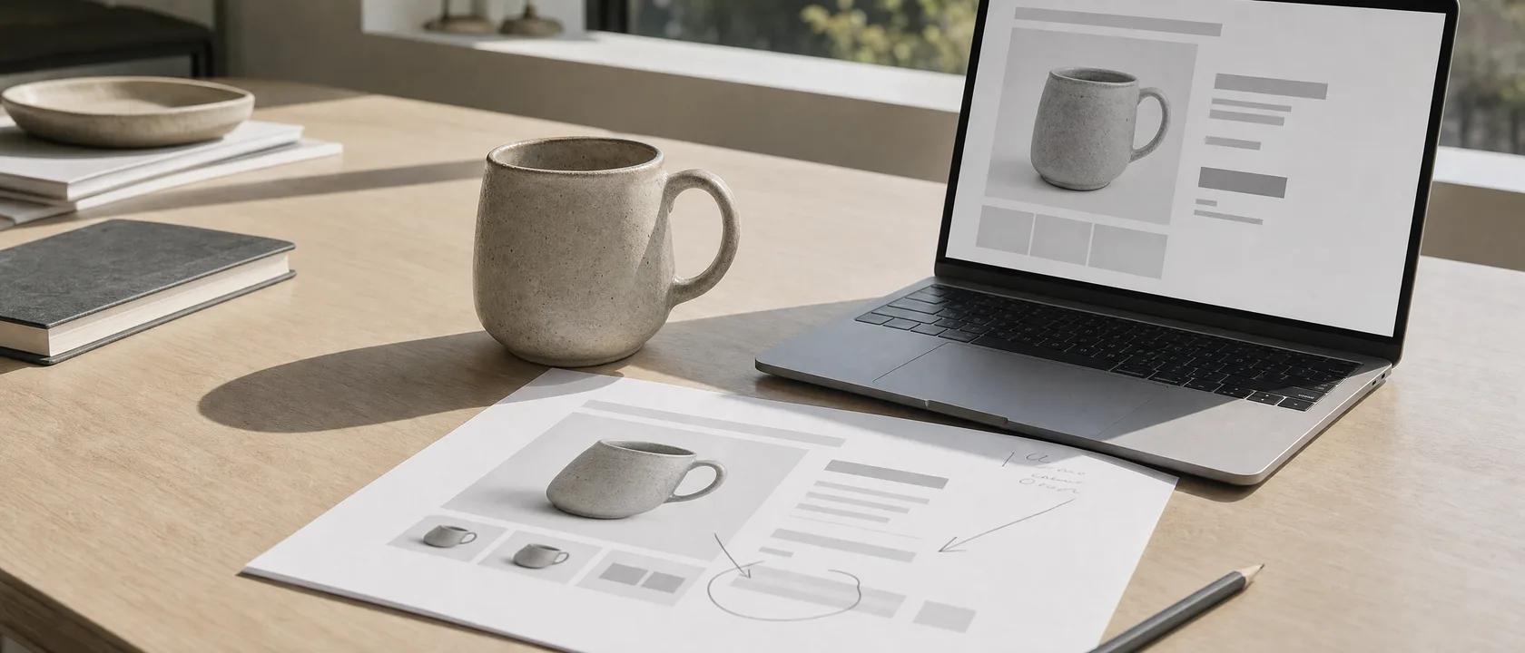 A ceramic mug beside a laptop showing its product page, a printed copy of the page with the price circled in pencil