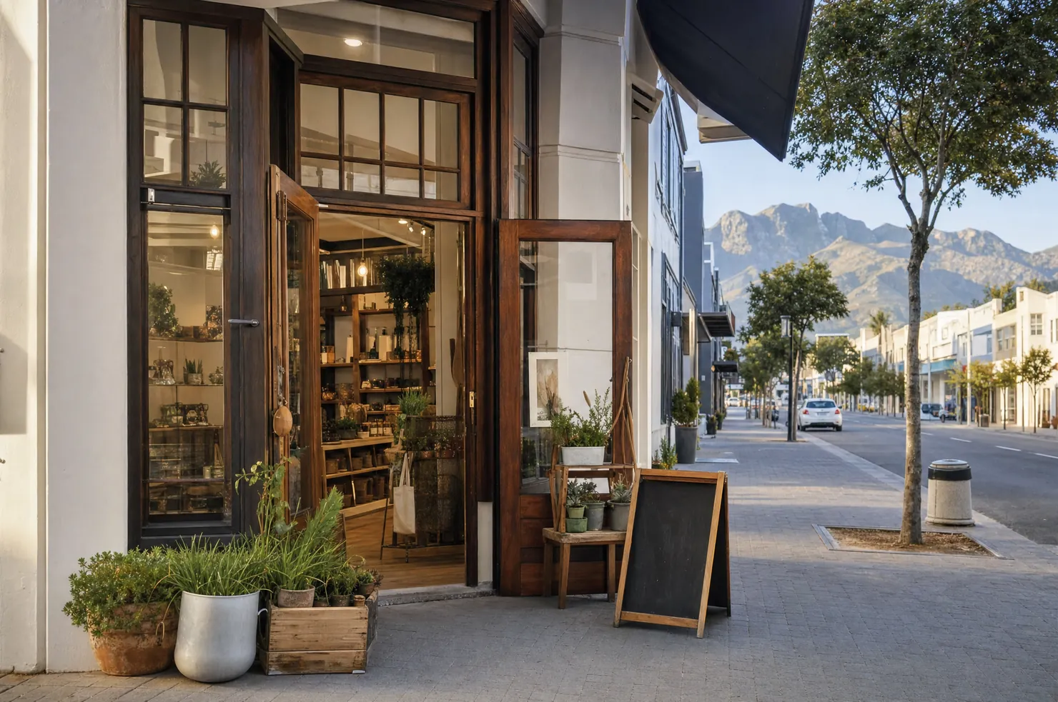 A small independent shop on a main street in early morning light, doors open, plants and a board on the pavement