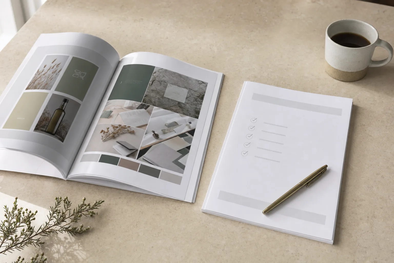 An agency proposal open at its portfolio pages beside a scope sheet with a ticked list and a brass pen, on pale stone