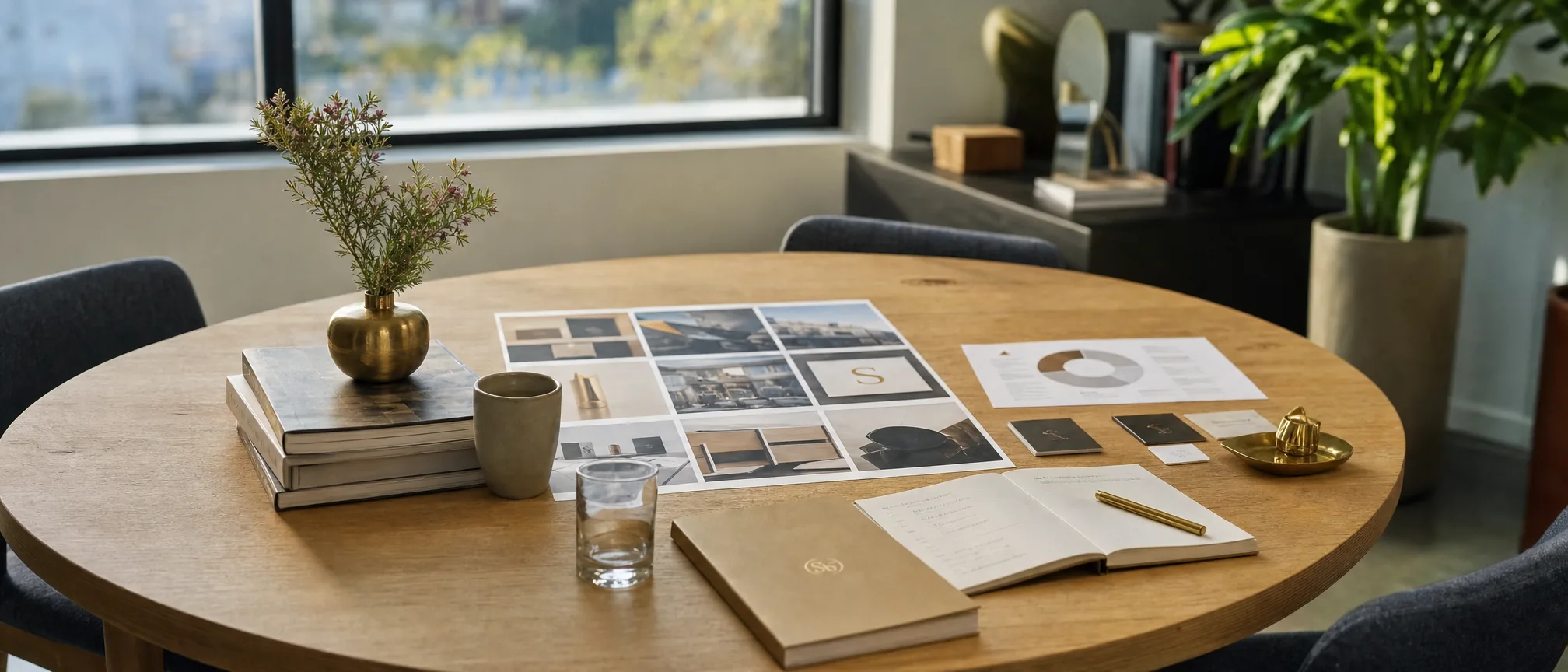 A round oak table in daylight with brand portfolio prints laid out, notebooks, a brass pen and fynbos in a brass vase