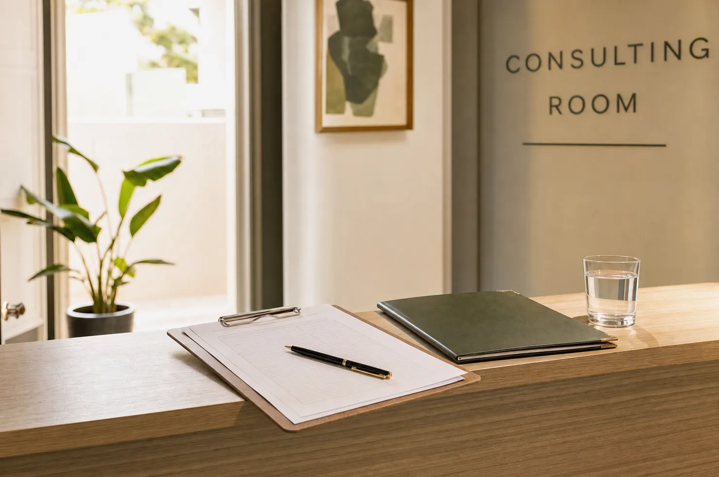 A reception desk in morning light, a paper form on a clipboard with a pen across it, a green folder and a glass of water