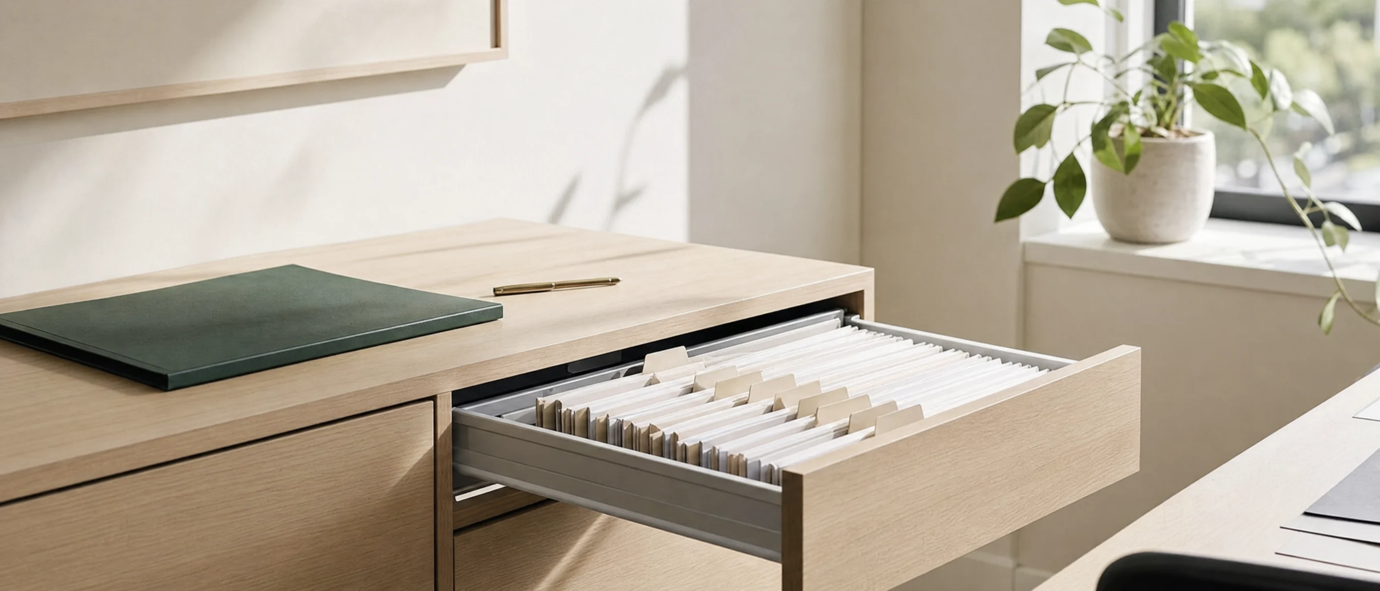 An open archive drawer of paper files in a bright room, a green folder and brass pen on the cabinet