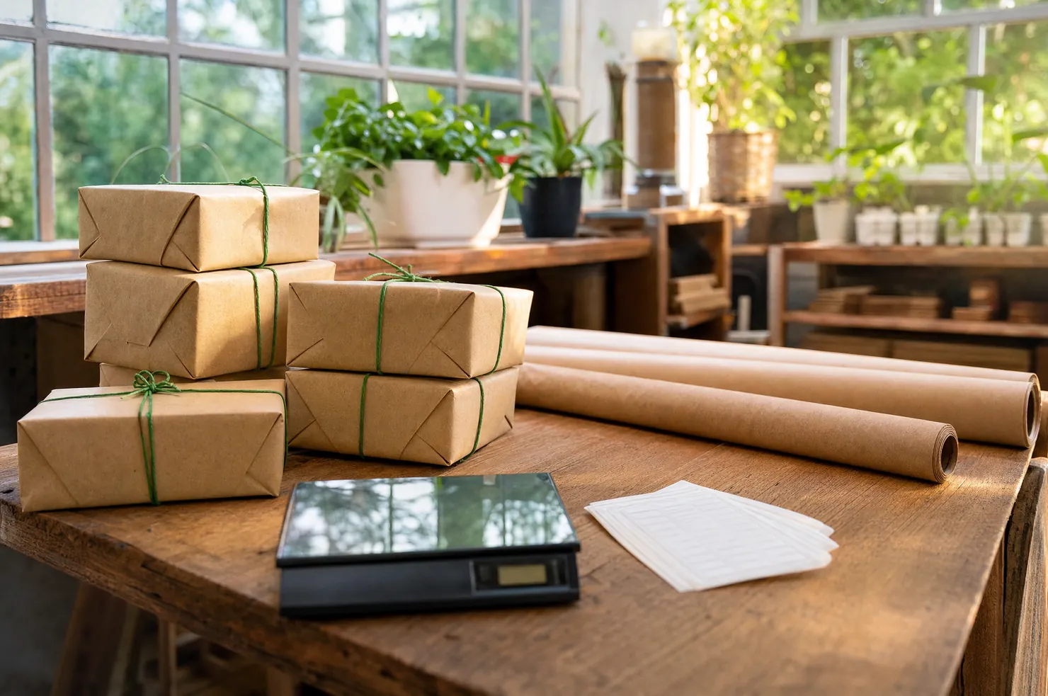 The packing corner of a small online shop in daylight, brown paper parcels tied with green string, a paper roll and a scale