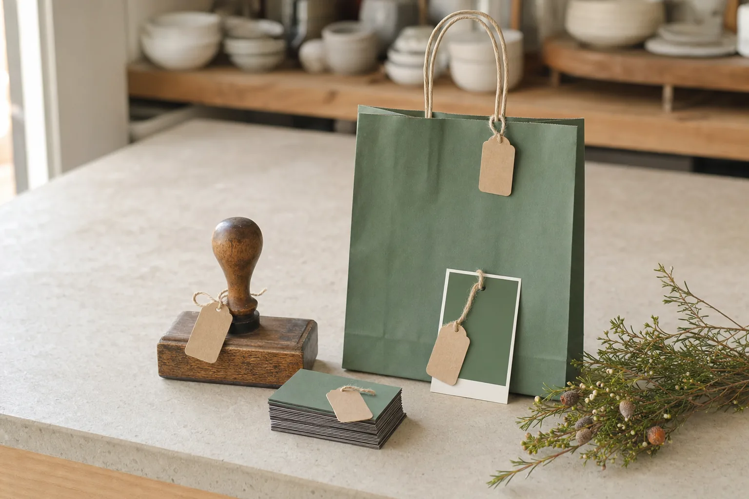 A green carry bag, a wooden stamp, business cards and a colour chip on a stone counter, each tied with a brown tag