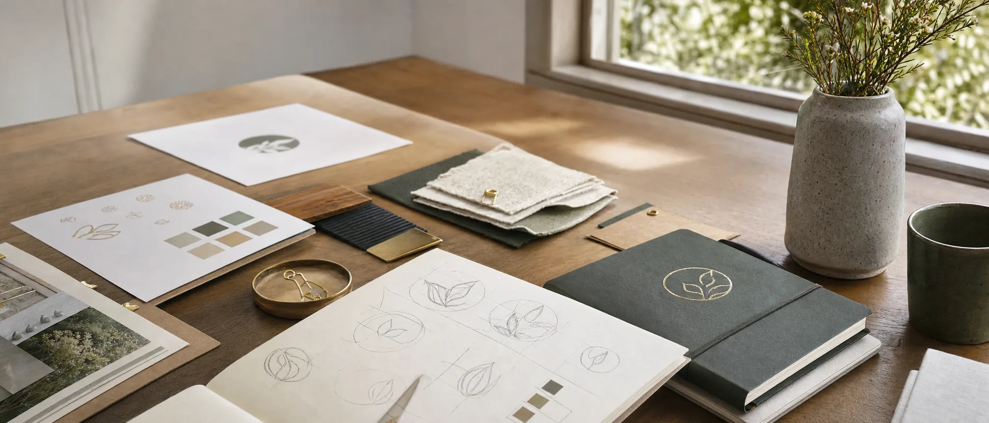 A green notebook with a leaf mark beside a sketchbook redrawing it, colour chips and brass on an oak table in daylight