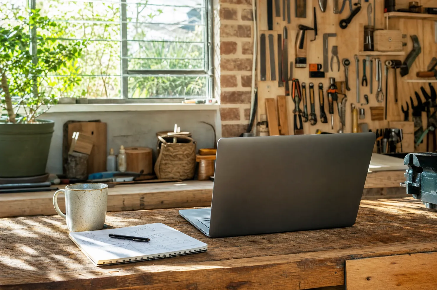 A workshop counter in bright daylight with an open laptop turned away, a marked-up notebook, a mug and tools racked behind