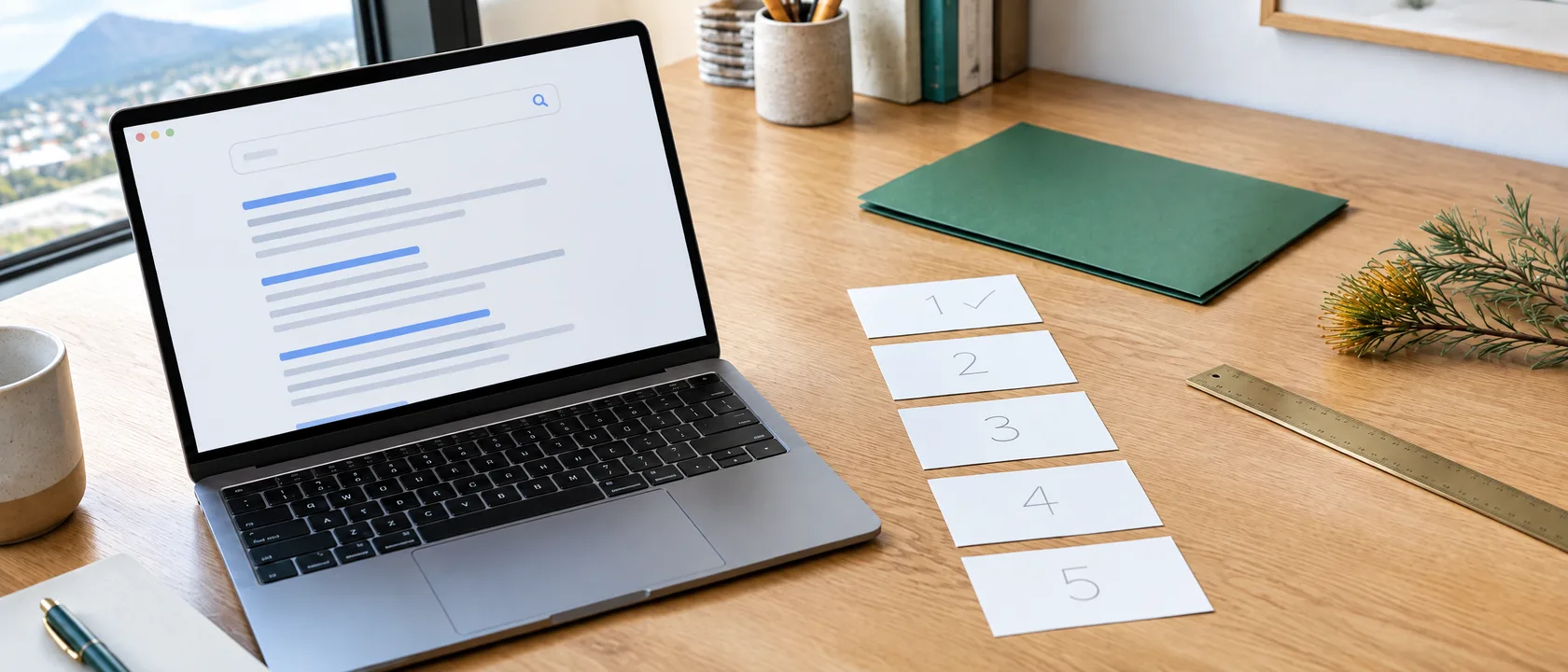 A laptop showing search results beside five numbered cards in order, the first ticked, a green folder and brass ruler