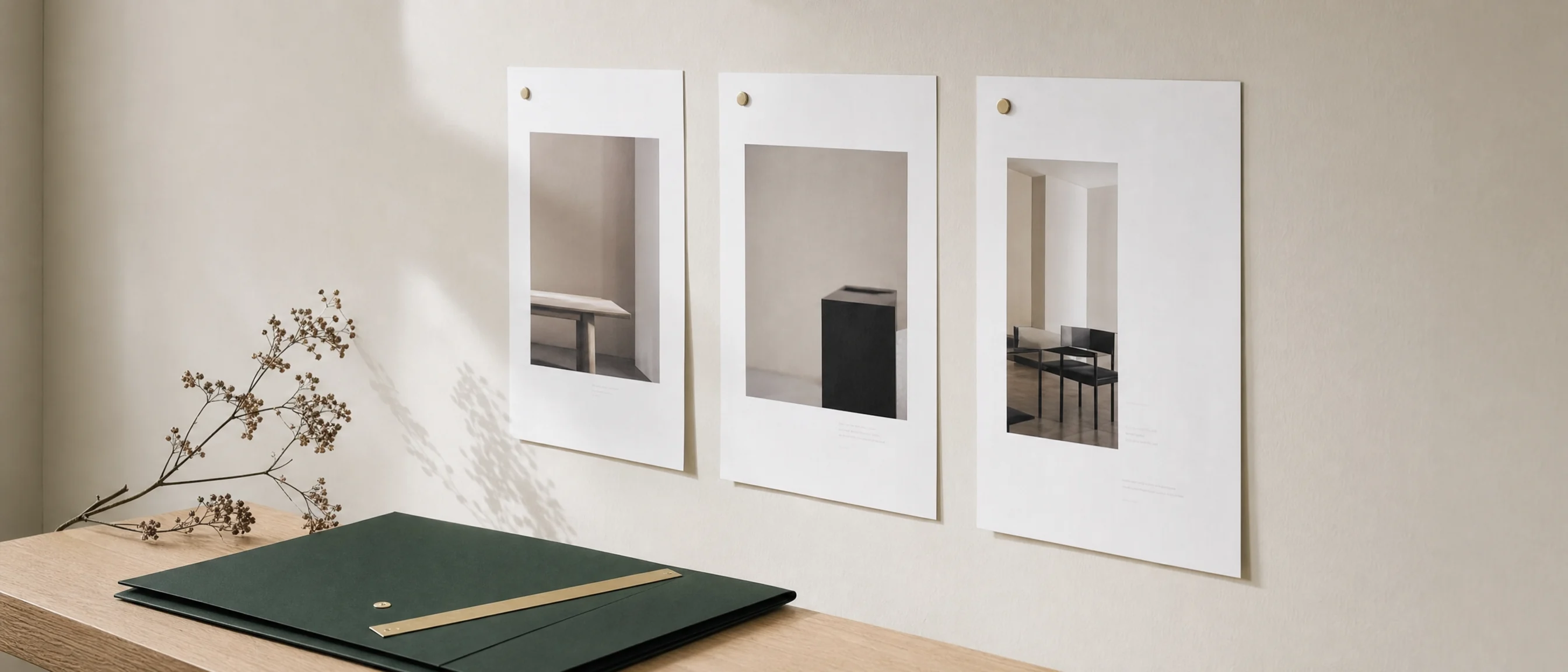 Three printed pages pinned in a row on a pale wall above a desk holding a green folder and a brass ruler