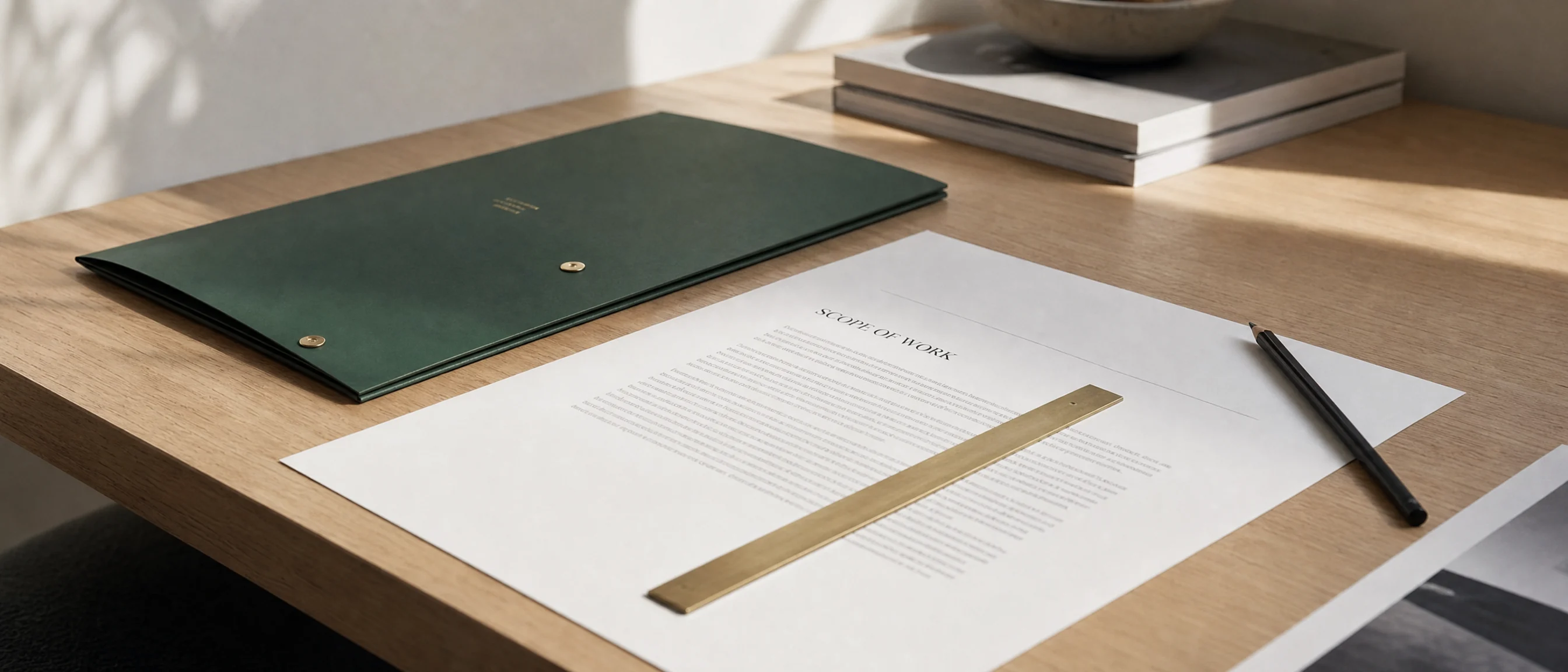 A printed scope of work on a desk with a deep green folder, a brass ruler across the page and a pencil