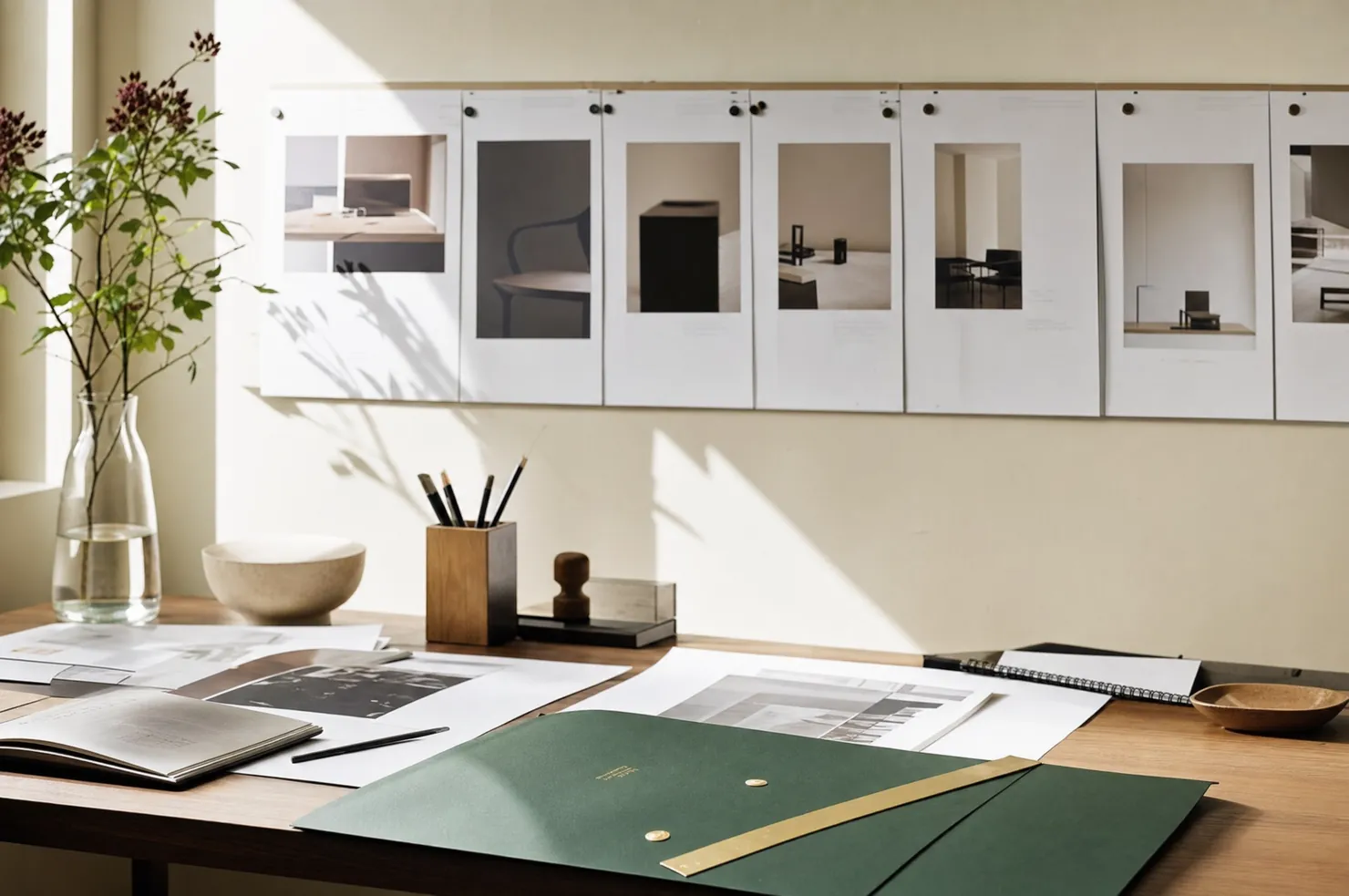 A designer desk in bright daylight with printed page proofs pinned in a row above it and a green folder and brass ruler below