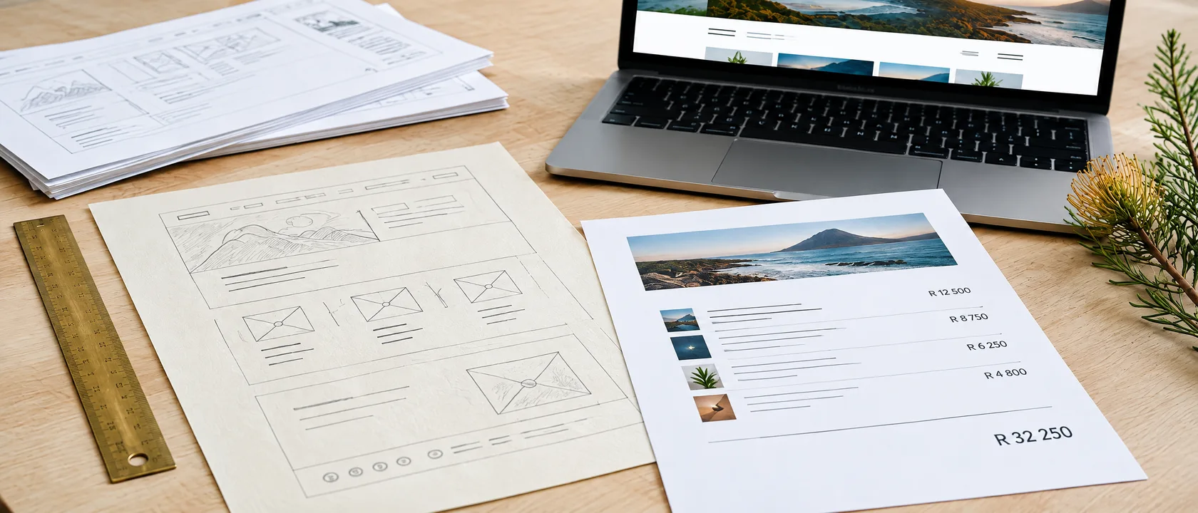A pencil page layout beside a printed itemised website quote, a laptop and a brass ruler on a pale wooden desk