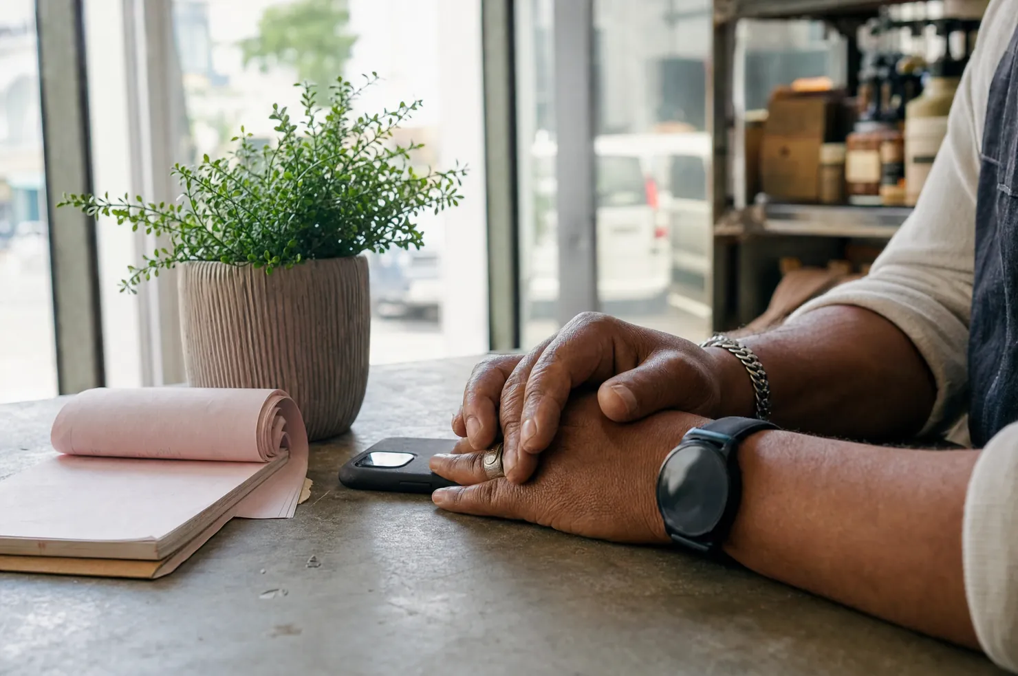 A shop owner hands resting on a counter beside a phone face down, a receipt book and a small potted plant in daylight