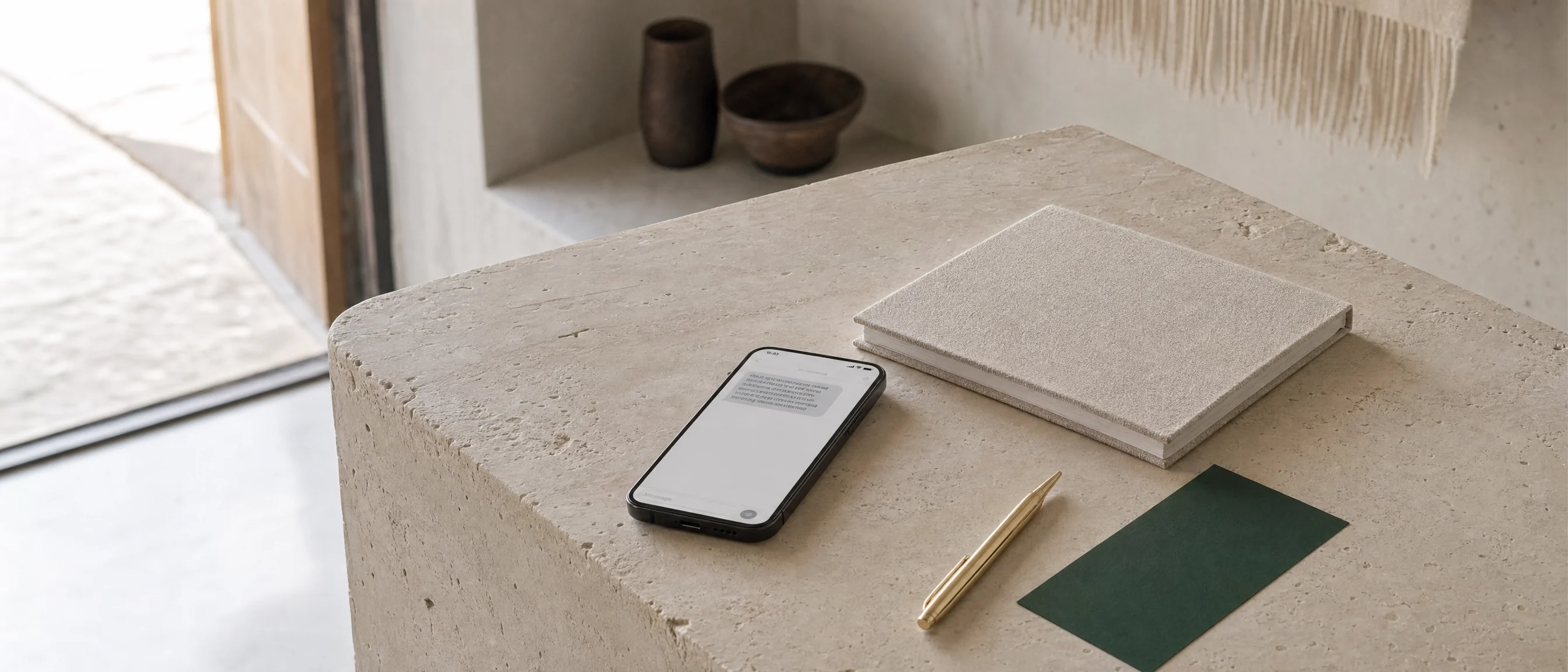 A phone on a stone counter beside a notebook, brass pen and green card, one message open in quiet daylight